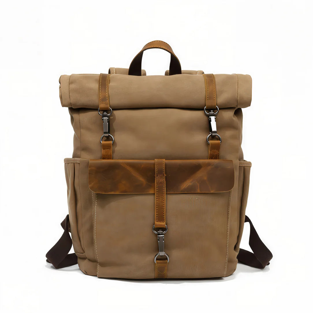 Sac à dos style vintage Era en toile beige avec bretelles en cuir marron et boucles en métal