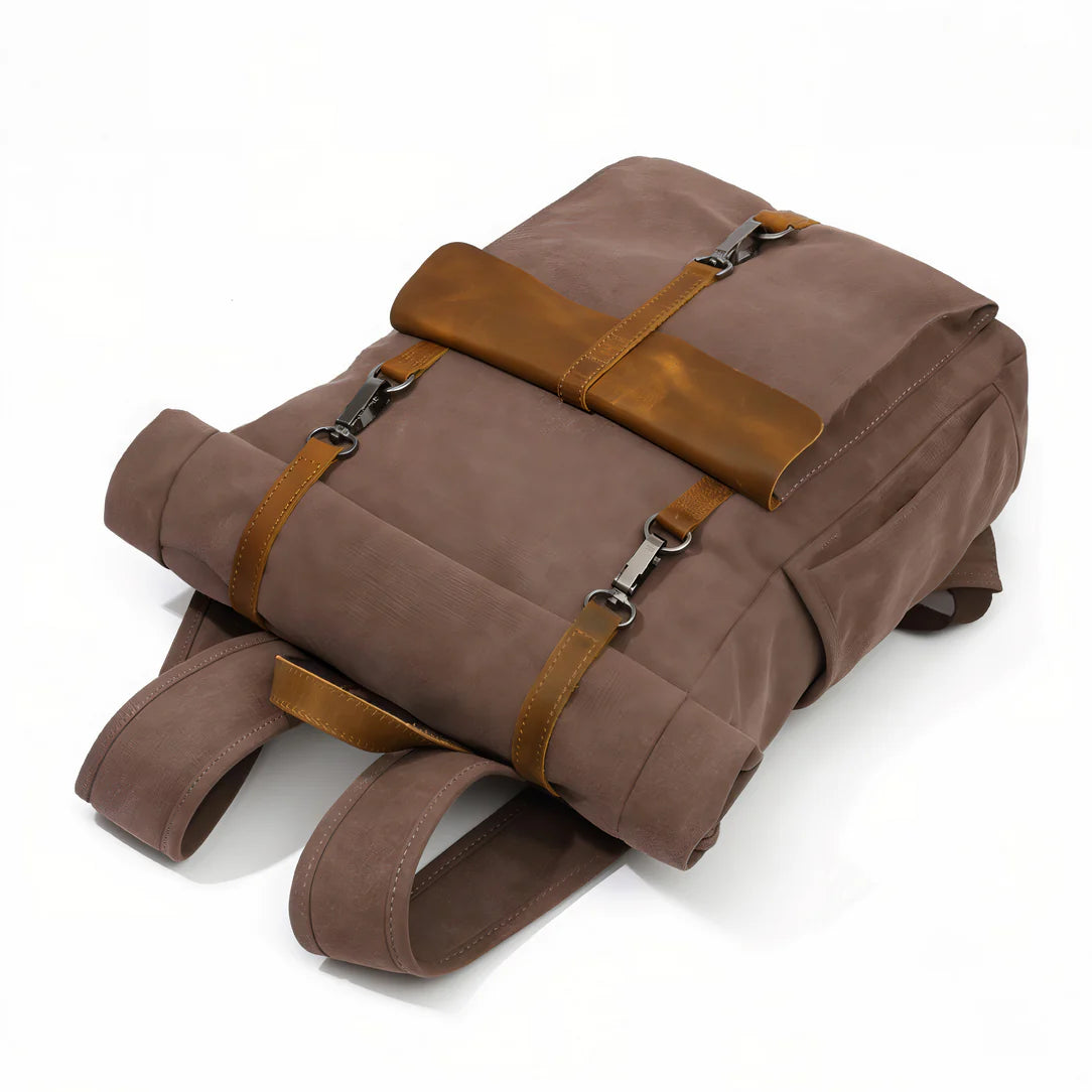 Sac à dos style vintage Era en toile marron avec bretelles en cuir et boucles en métal