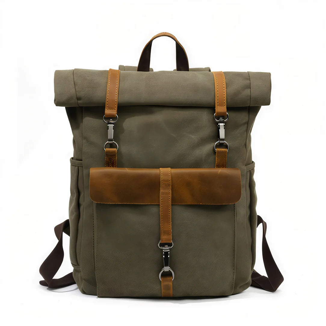 Sac à dos vintage olive vert avec bretelles en cuir marron et boucles en métal