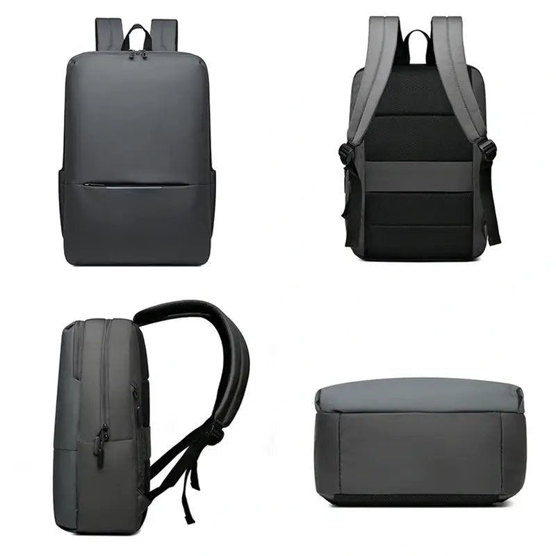 Sac à dos tablette minimaliste gris foncé vu sous quatre angles pour ordinateur portable