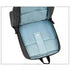 Sac à dos tablette noir ouvert avec intérieur bleu clair et multiples compartiments