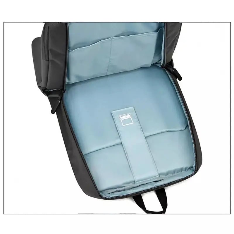Sac à dos tablette noir ouvert avec intérieur bleu clair et multiples compartiments