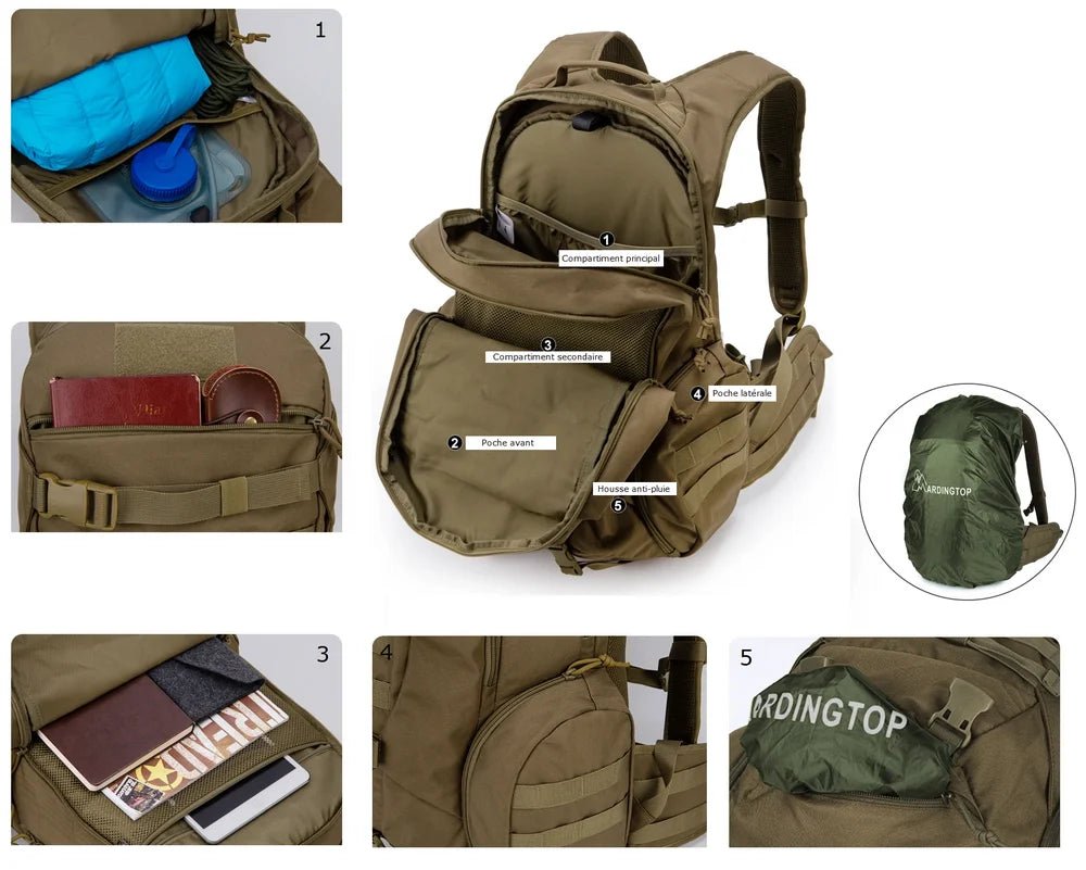Sac à dos tactique militaire 35L 600D avec multiples compartiments pour un rangement organisé