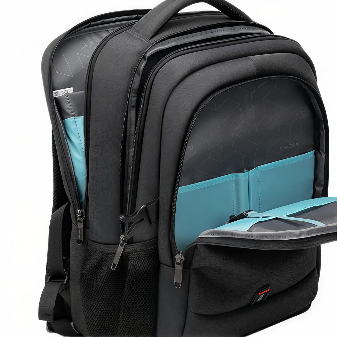 Sac à dos télétravail FlexWork noir avec compartiments ouverts et poche ordinateur pâle