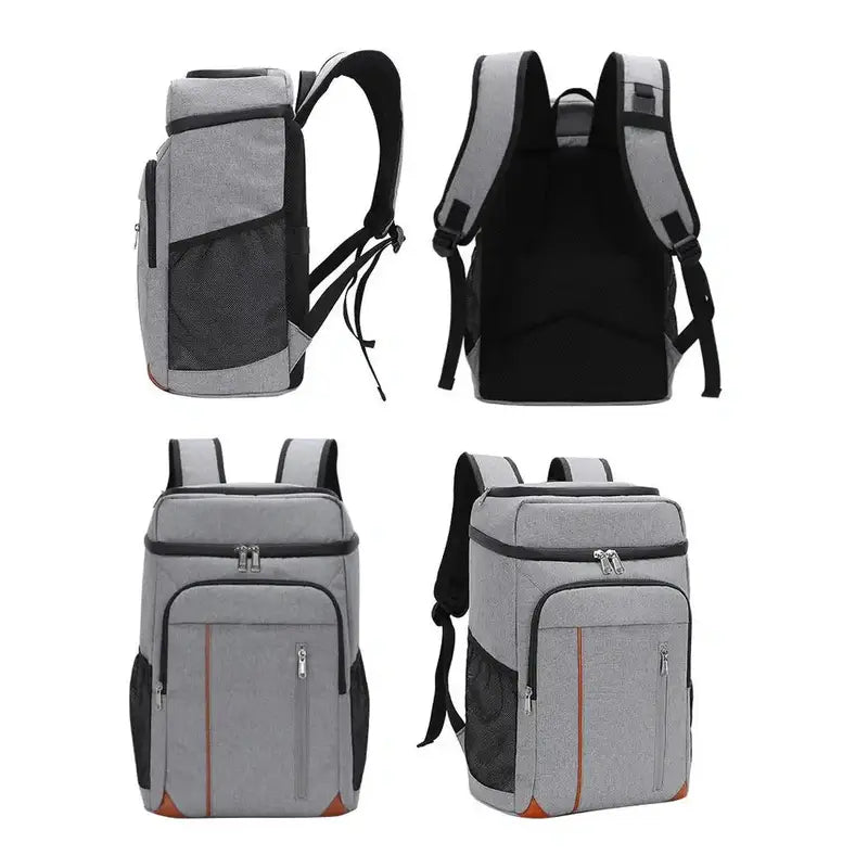 Sac à dos thermique gris isolé avec poches multiples et bretelles rembourrées