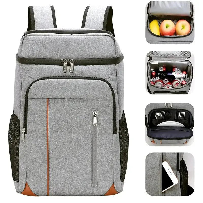 Sac à dos thermique gris isolé avec plusieurs compartiments pour garder vos boissons au frais