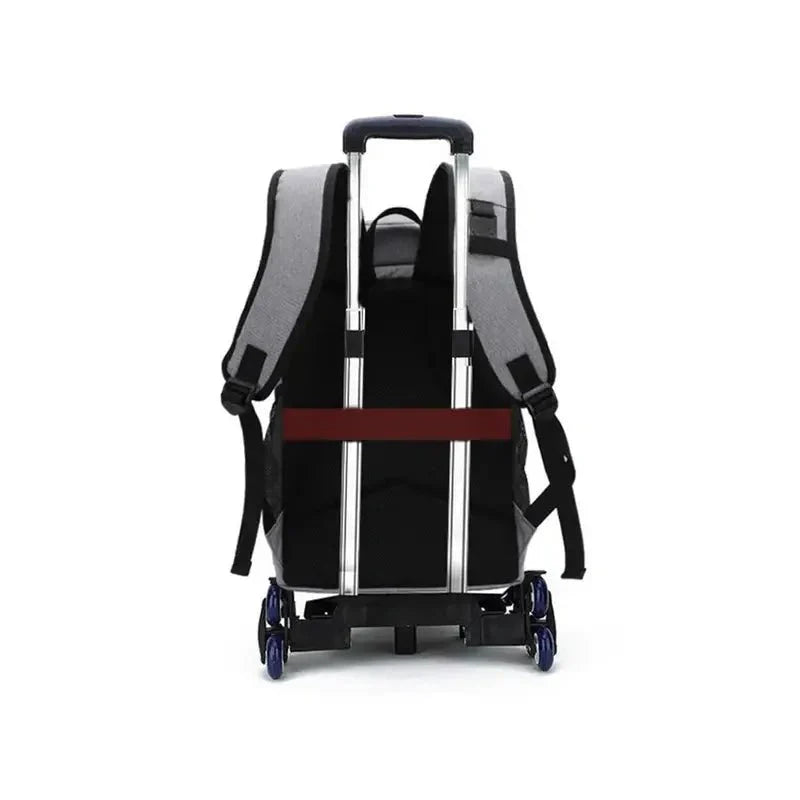 Sac à dos thermique gris et noir avec poignée retractable et roues bleues