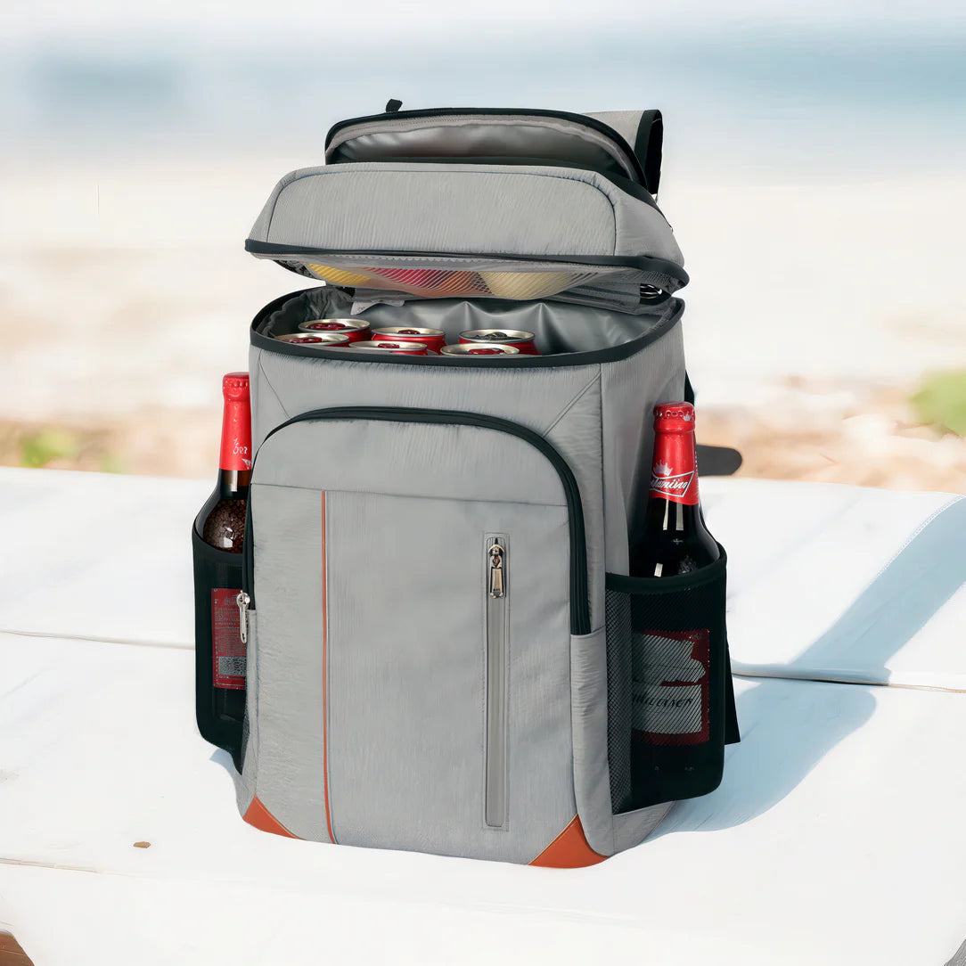 Sac à dos thermique de picnic grand format 28L gris avec compartiments et poches latérales