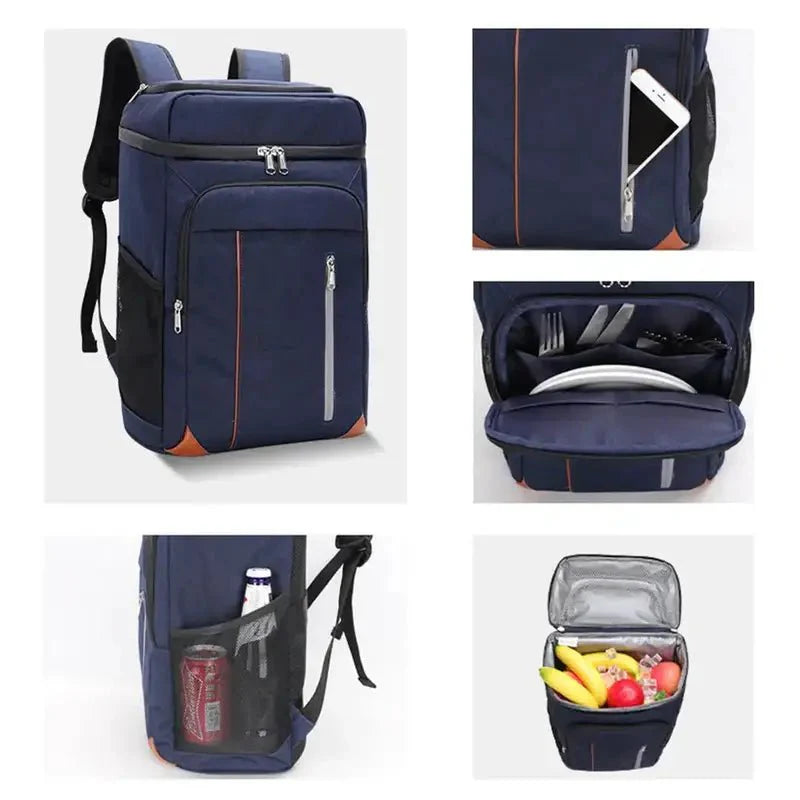 Sac à dos thermique bleu marine isolé avec plusieurs compartiments pour nourriture et boissons