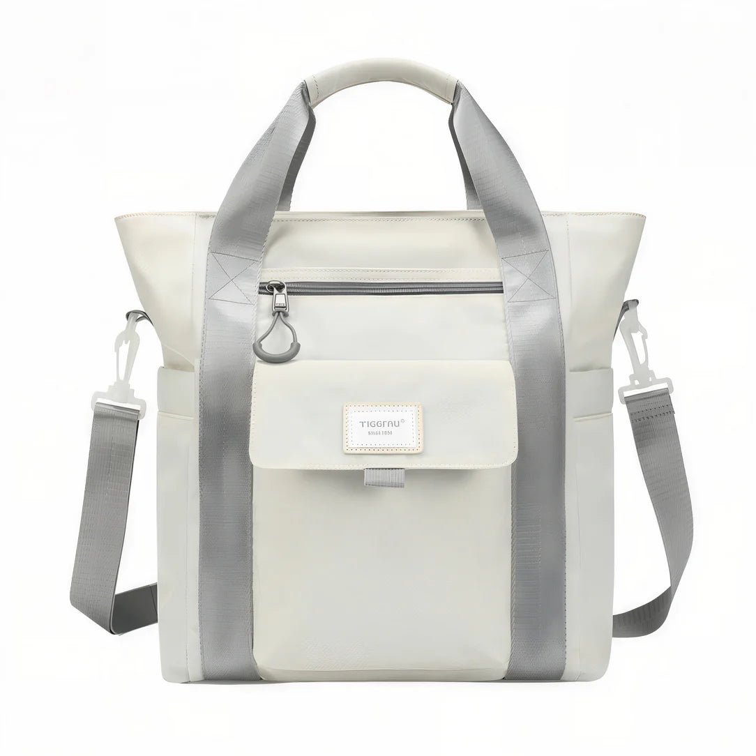 Sac à dos Tigernu Eclipse blanc et argent avec bandoulière ajustable et logo frontal