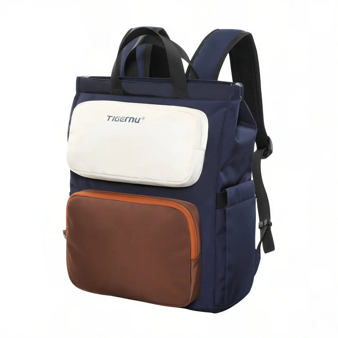 Sac à dos Tigernu Origin navy blue et brun avec panneau blanc et logo Tigernu