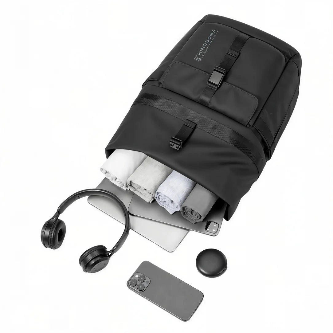 Sac à dos urbain roll top KingsRoll avec vêtements, ordinateur, écouteurs et téléphone