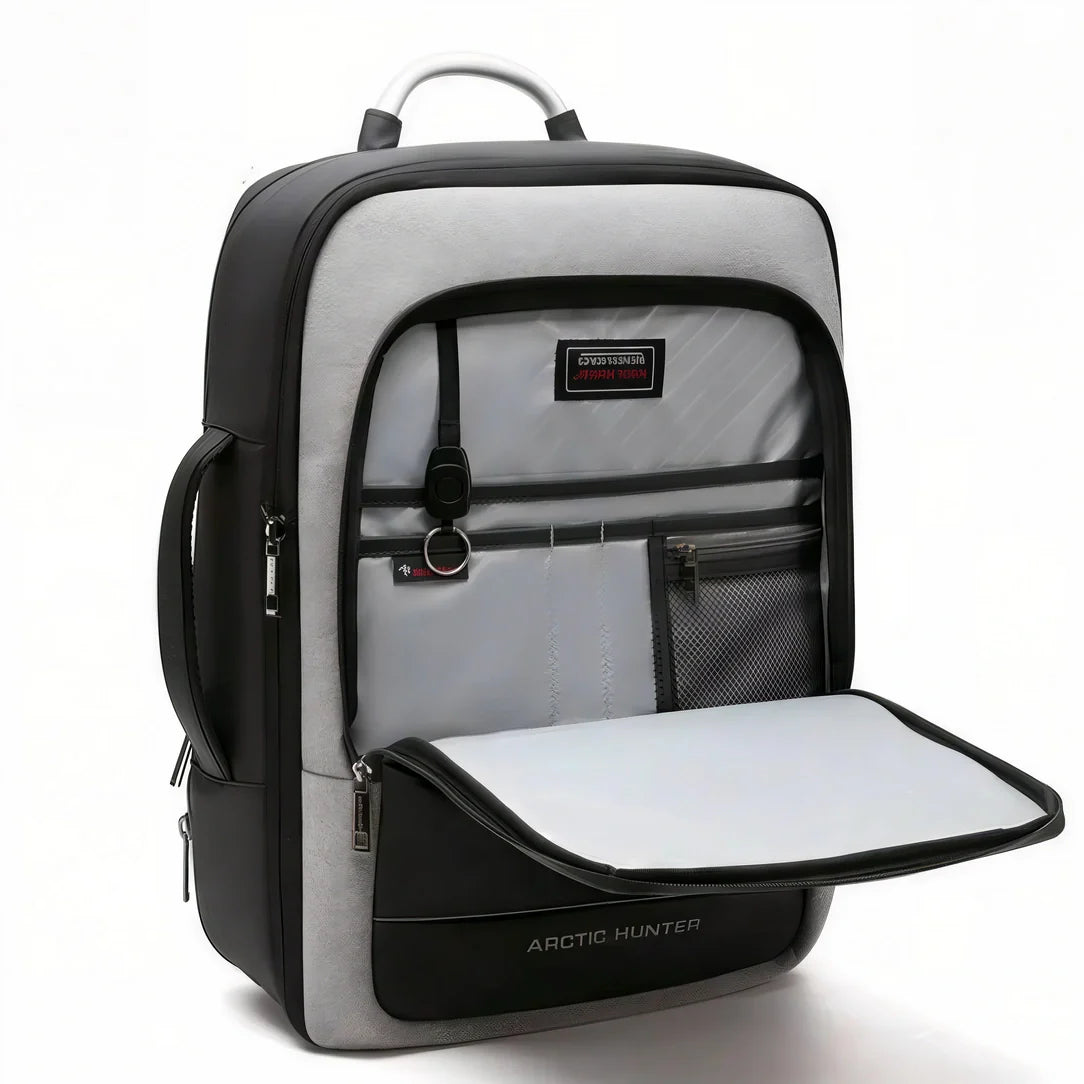 Sac à dos chasseur arctique avec panneaux noir et gris, détails poches mesh