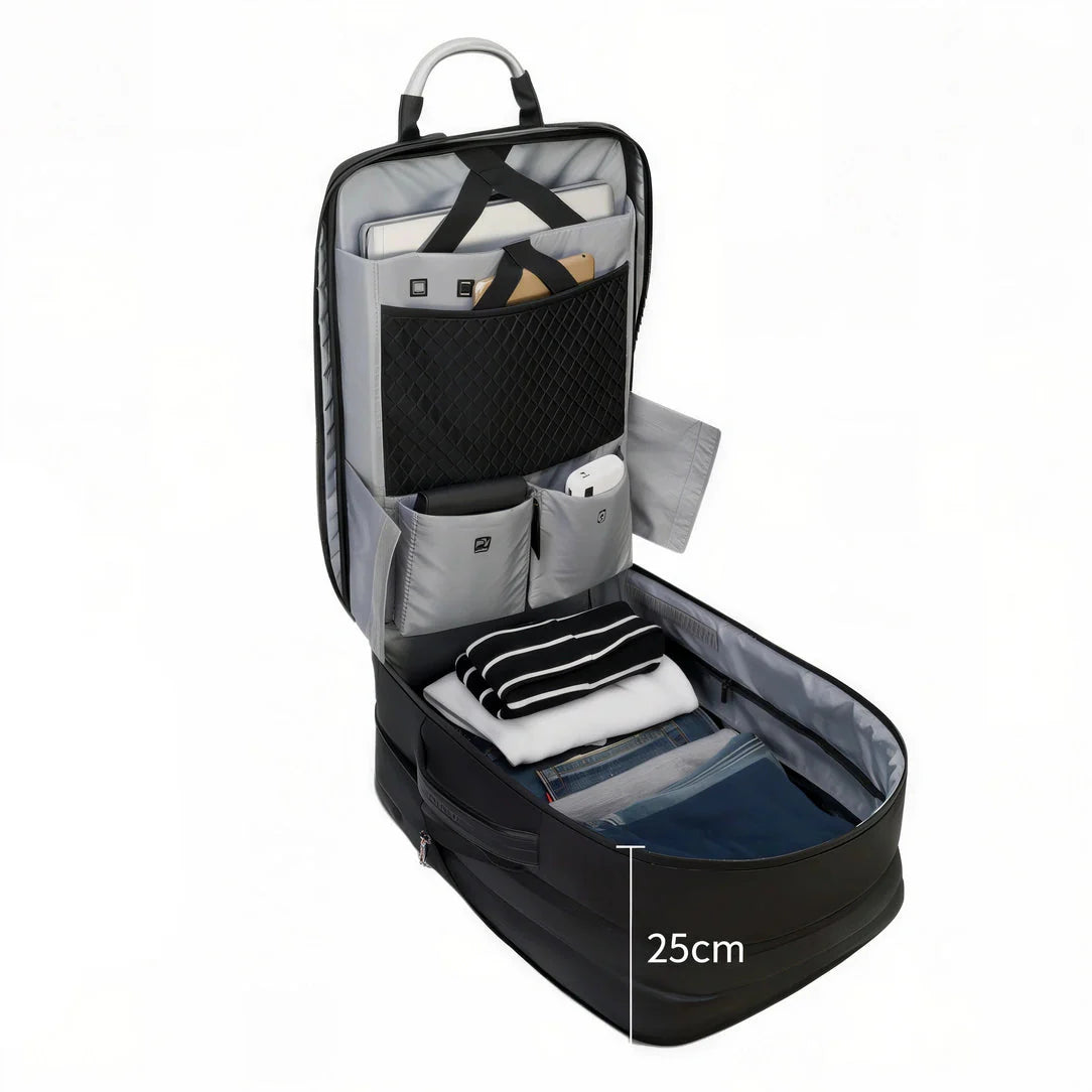 Sac à dos valise cabine noir avec compartiments organisés et étiquette 25 cm