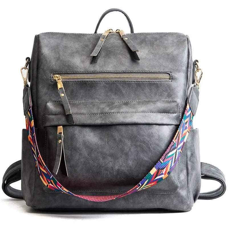 Sac à dos vintage femme en similicuir avec bandoulière colorée et motif floral