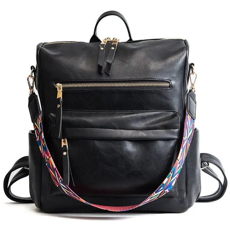 Sac à dos vintage femme en similicuir avec bandoulière tissée colorée et convertible