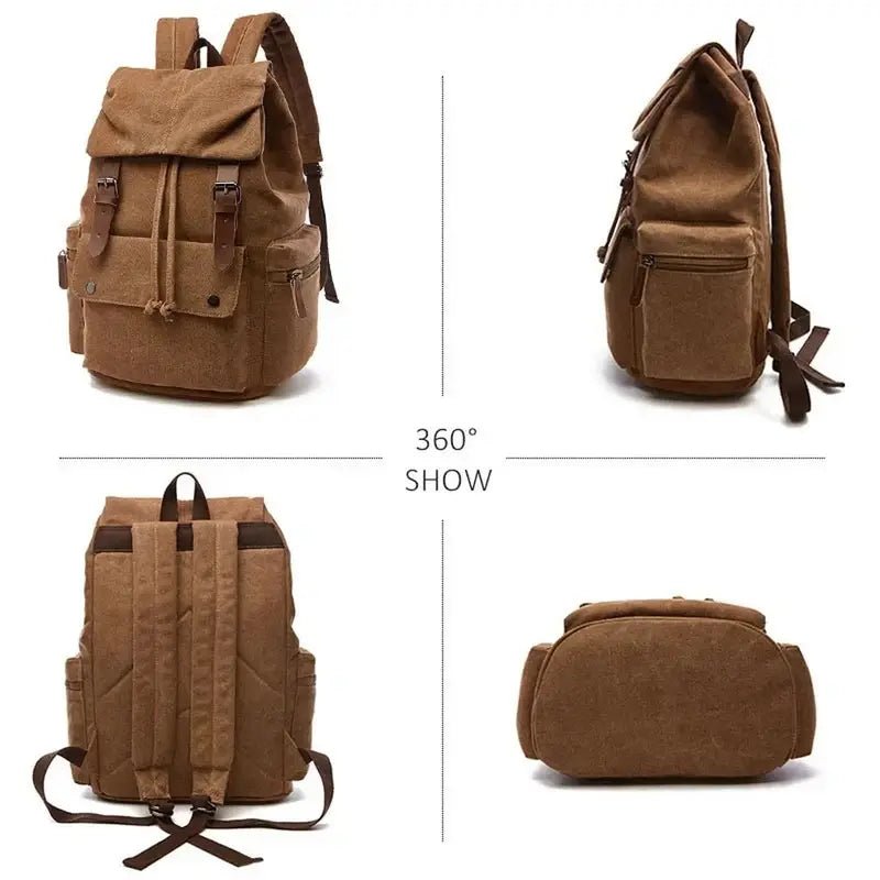 Sac à dos vintage homme en toile marron avec plusieurs poches et bretelles ajustables