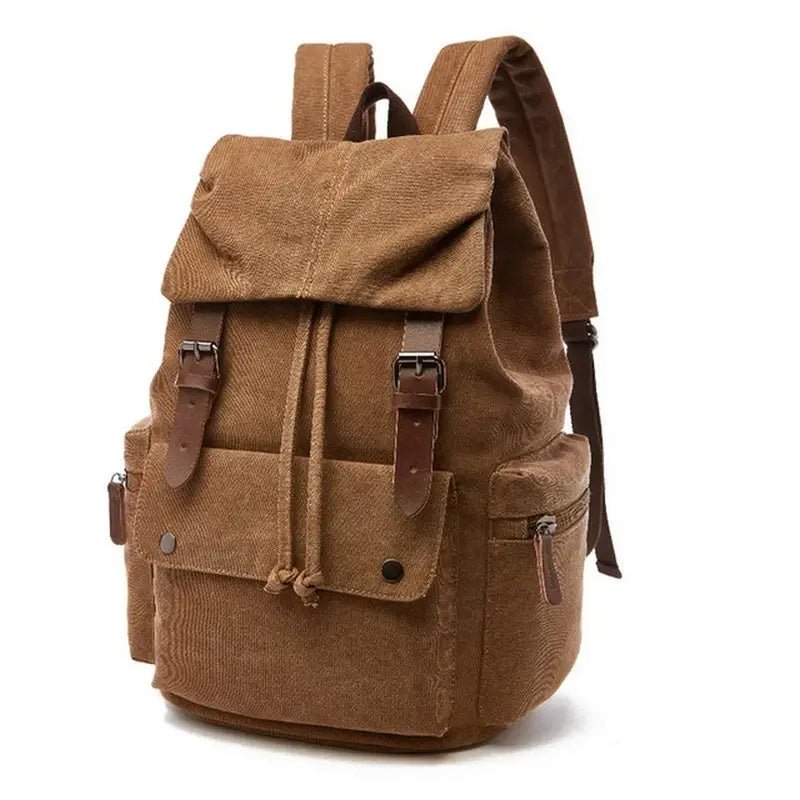 Sac à dos vintage homme en toile avec cuir et boucles, sac à dos en toile marron
