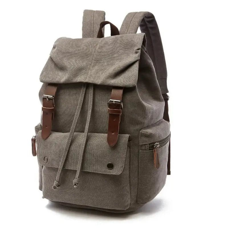 Sac à dos vintage homme en toile gris avec bretelles en cuir marron et cordon de fermeture
