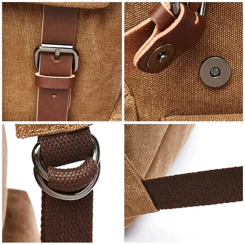 Détails en gros plan d’un sac à dos vintage homme en toile avec cuir et métal
