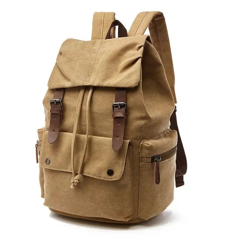 Sac à dos vintage homme en toile avec toile beige, bretelles en cuir marron