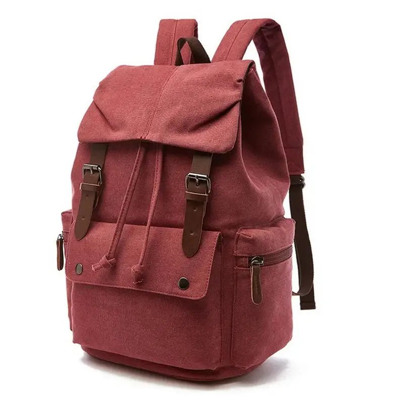 Sac à dos vintage homme en toile maroon avec bretelles en cuir synthétique et boucles
