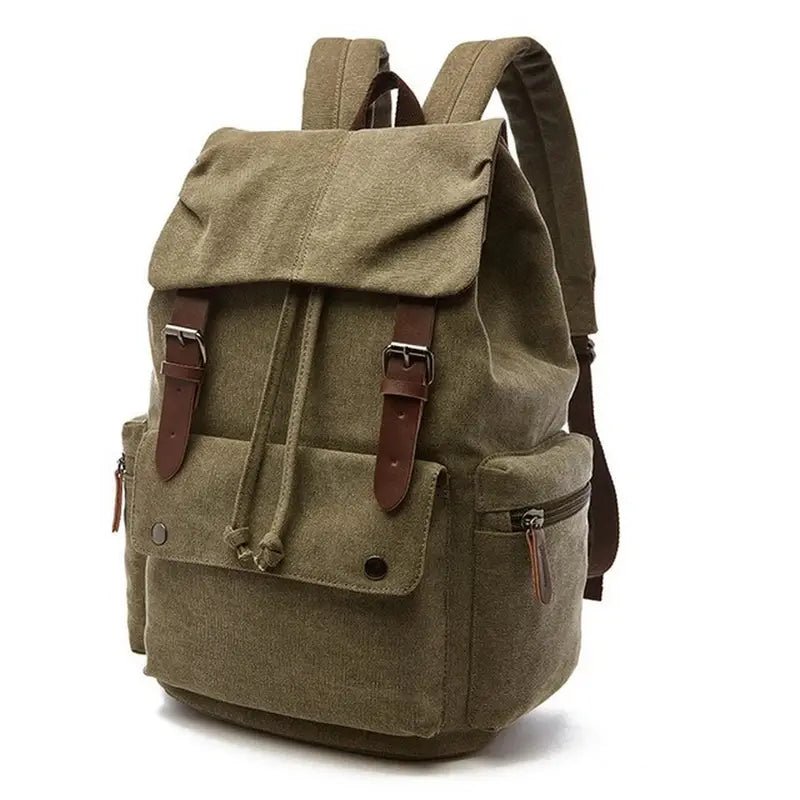 Sac à dos vintage homme en toile olive verte avec bretelles en cuir marron et cordon de fermeture