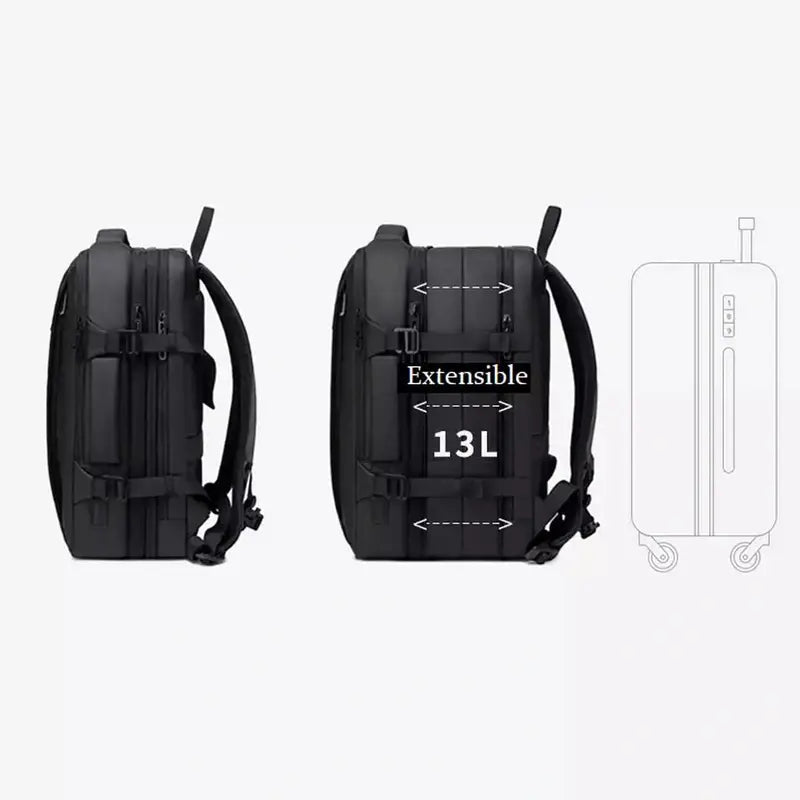Sac à dos voyage avion noir extensible avec bretelles à côté d’une valise à roulettes