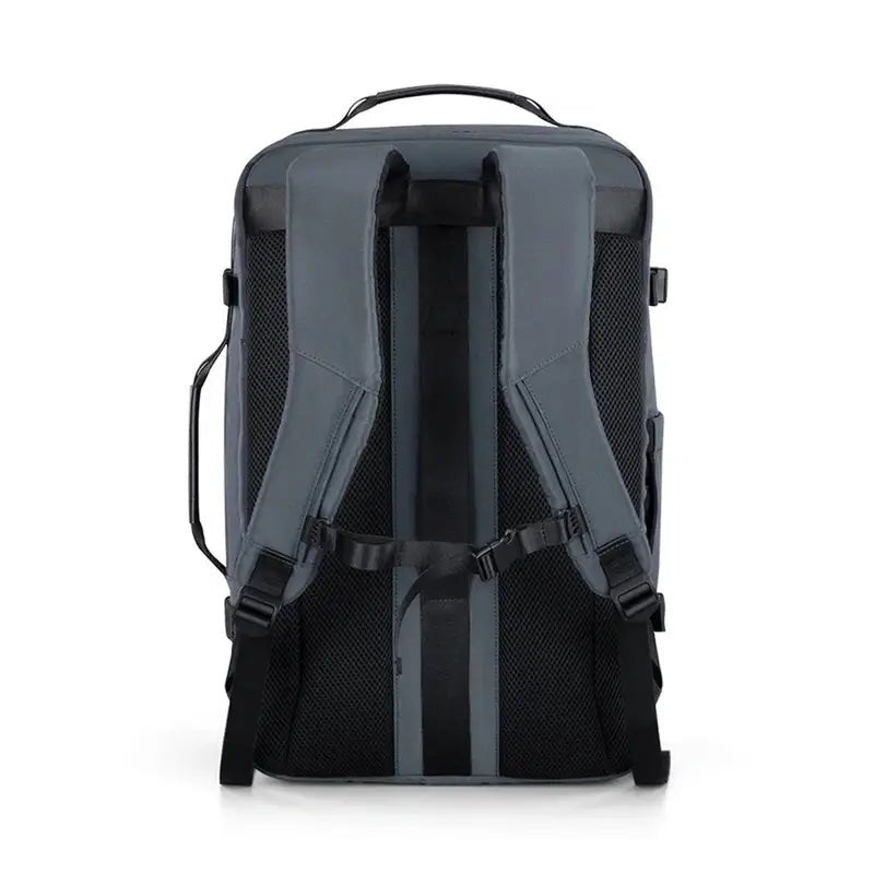 Dos d’un sac à dos voyage cabine homme gris et noir avec bretelles rembourrées