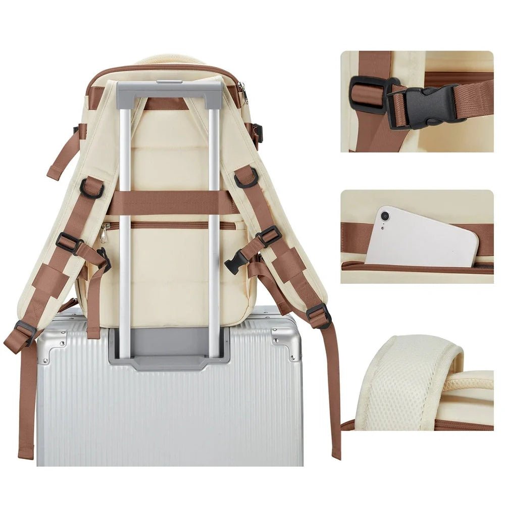 Sac à dos voyage femme beige et marron avec poches, sangles ajustables et bretelles rembourrées