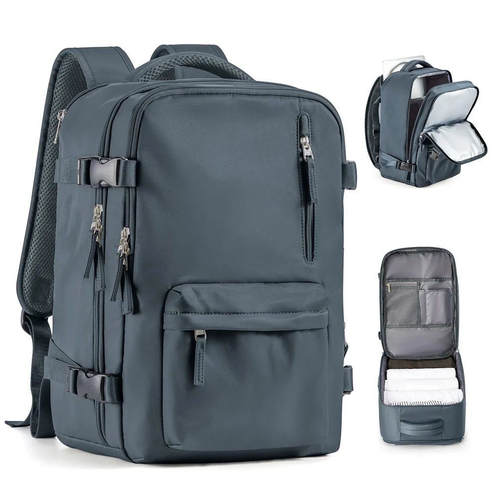 Sac à dos voyage femme gris foncé avec plusieurs compartiments et fonctionnalités d’organisation