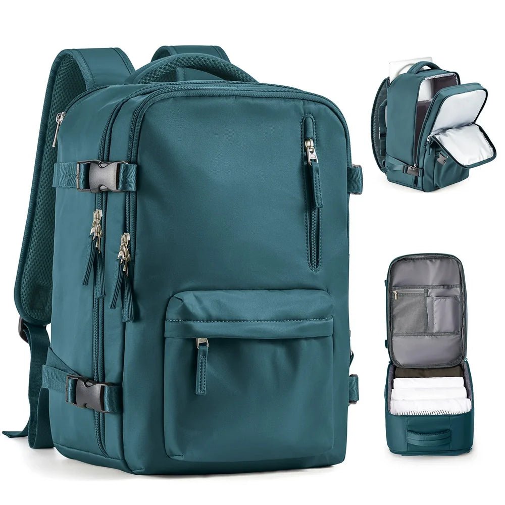 Sac à dos voyage femme vert teal avec multiples compartiments zippés et bretelles ajustables