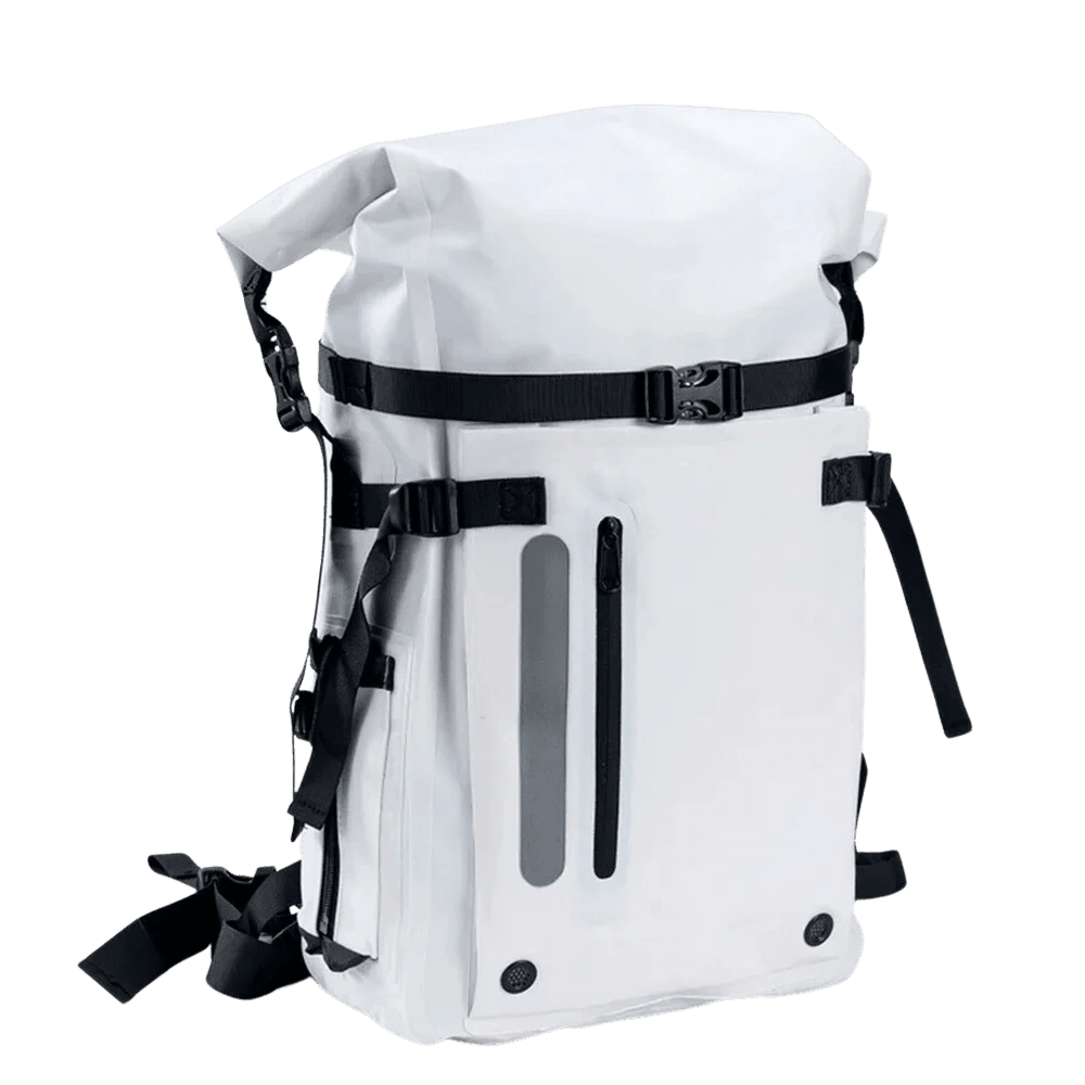 Sac à dos waterproof de randonnée blanc avec bretelles noires et boucles robustes