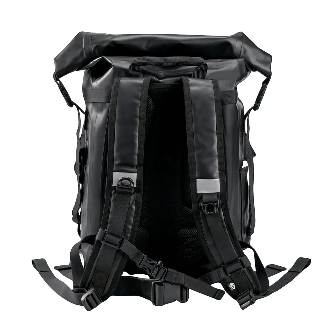 Sac à dos randonnée waterproof noir à enrouleur avec sangles ajustables et accents réfléchissants argentés