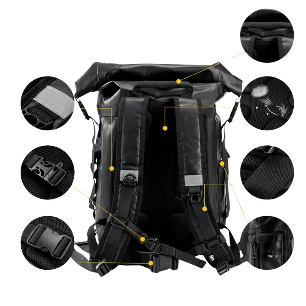 Sac à dos waterproof de randonnée noir avec rouleau, bretelles ajustables et détails réfléchissants
