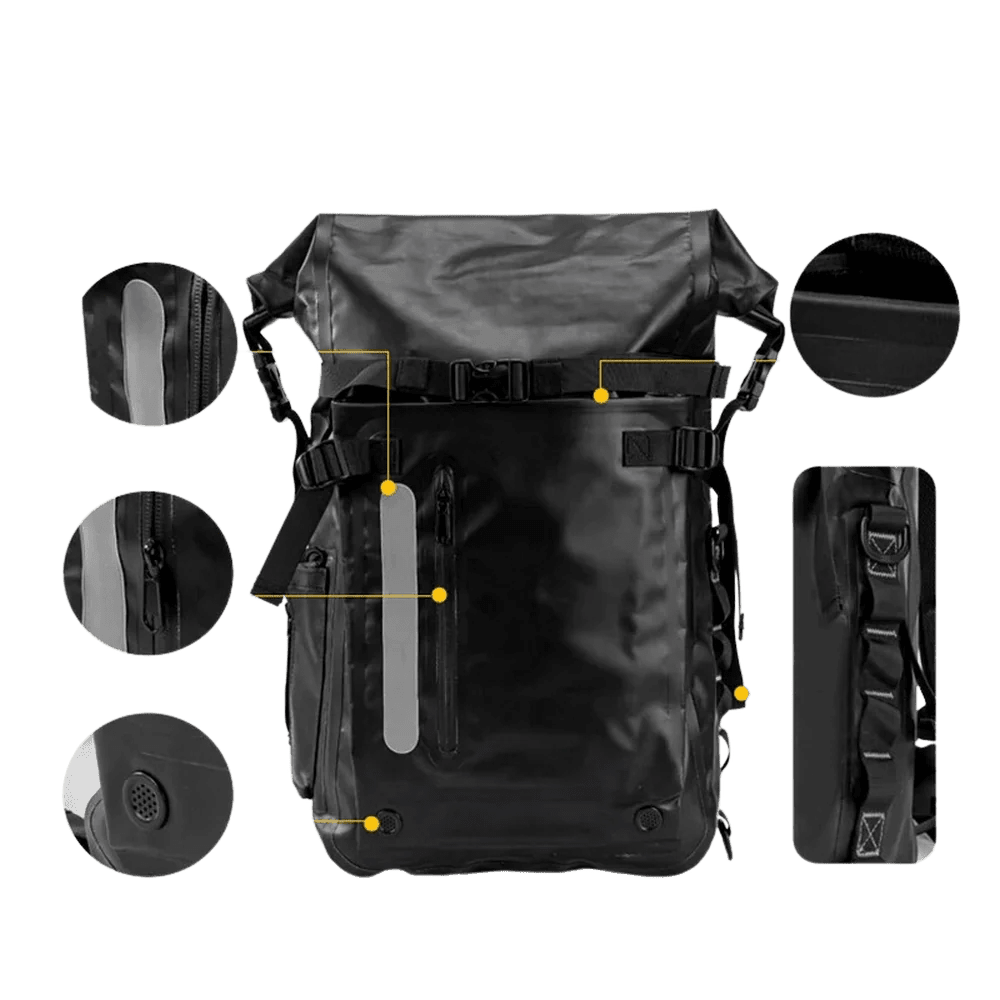 Sac à dos waterproof de randonnée noir avec bandes réfléchissantes, sangles de compression, poche latérale et bouchon de vidange