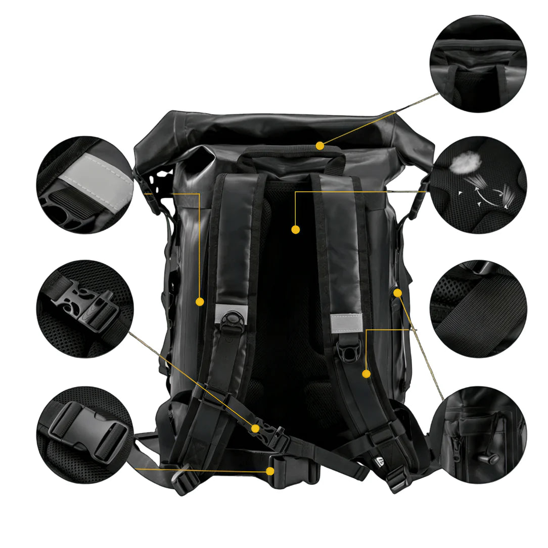 Sac à dos waterproof de randonnée noir à enroulement avec sangles renforcées et panneaux de ventilation en maille