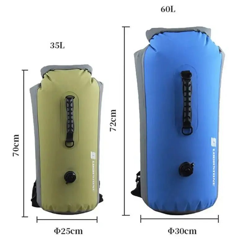 Sac à dos waterproof avec sacs secs étanches, capacité et dimensions visibles