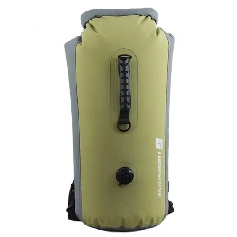 Sac à dos waterproof vert olive et gris avec poignée supérieure et valve inférieure