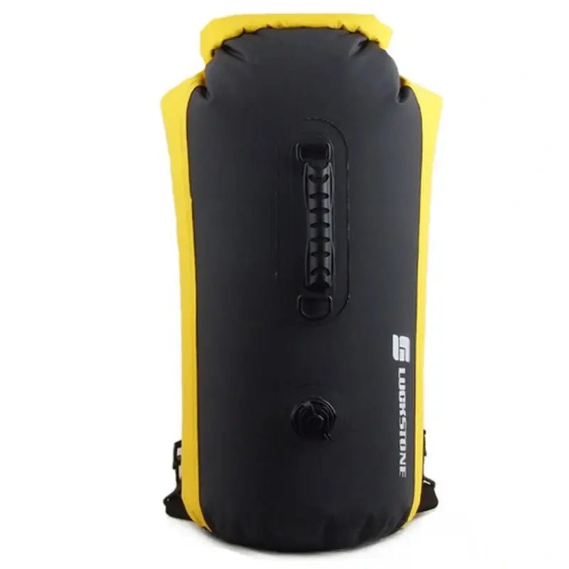 Sac à dos waterproof jaune et noir avec poignée supérieure et valve d’air
