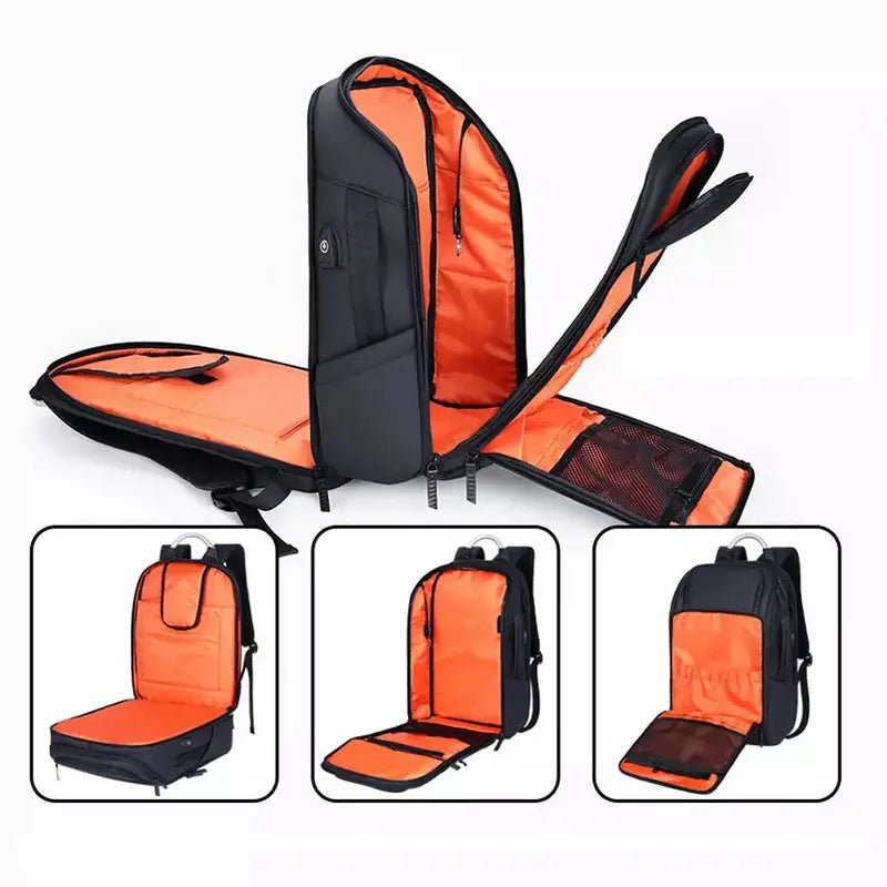 Sac business femme noir avec intérieur orange, compartiments et port USB, à plat