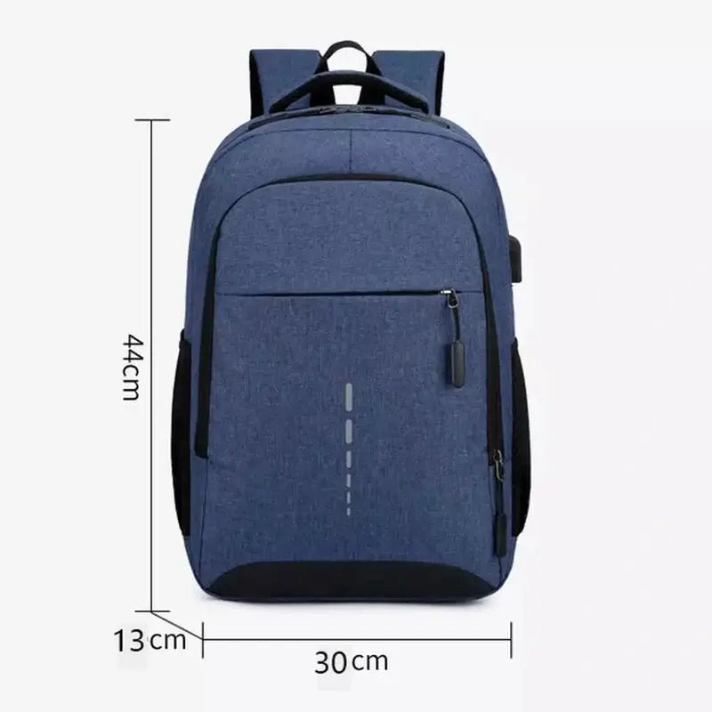 Sac de cours collège avec sac à dos bleu texturé, compartiments, port USB et lignes réfléchissantes