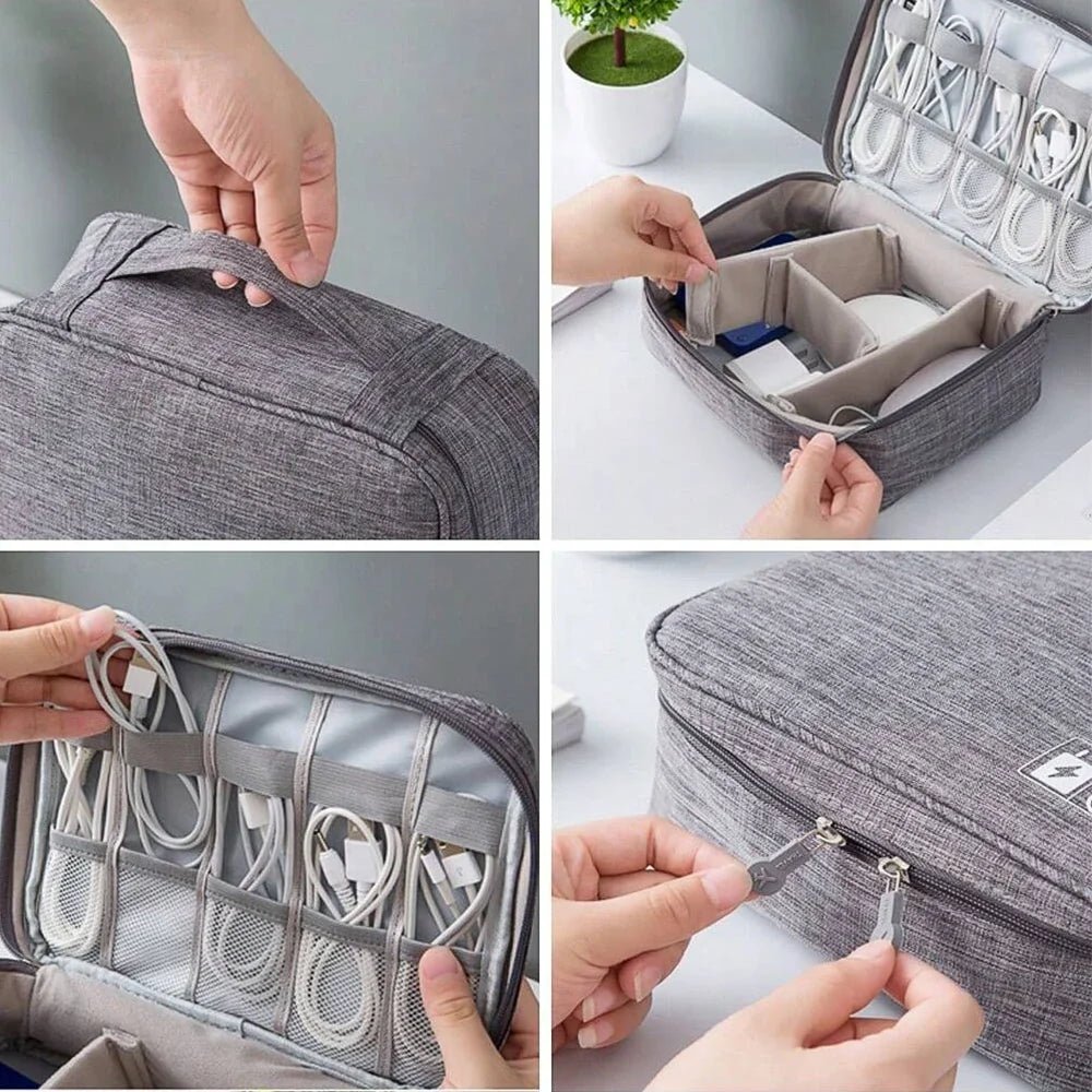 Organisateur de voyage multifonction en tissu gris avec compartiments pour électroniques