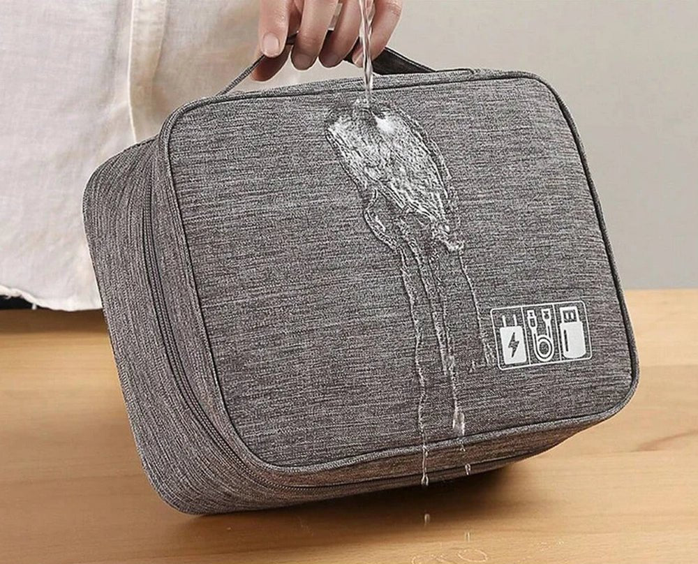 Sac de rangement multifonction en tissu gris résistant à l’eau pour accessoires électroniques