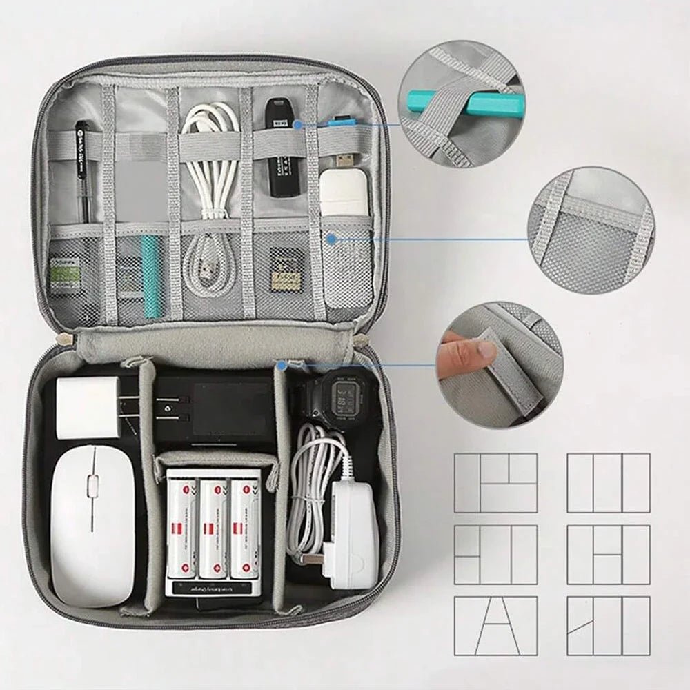 Organisateur électronique portable gris avec compartiments ajustables pour Sac de rangement multifonction