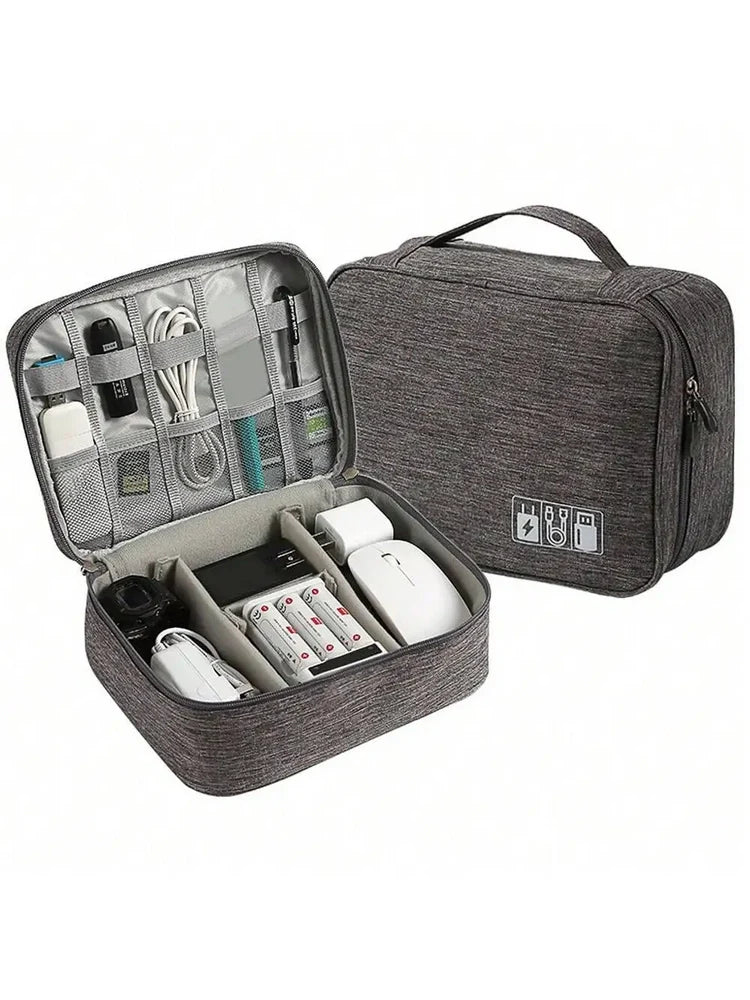 Sac de rangement multifonction gris avec compartiments et bandes élastiques pour accessoires électroniques