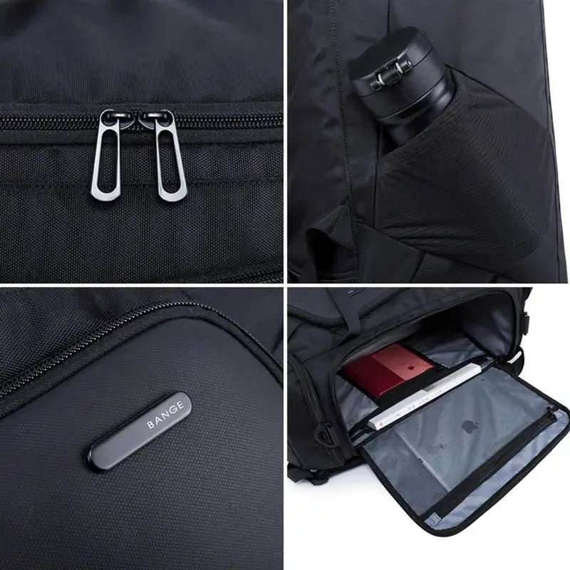 Sac de sport sac à dos noir avec plusieurs compartiments, zips résistants et poche pour ordinateur portable