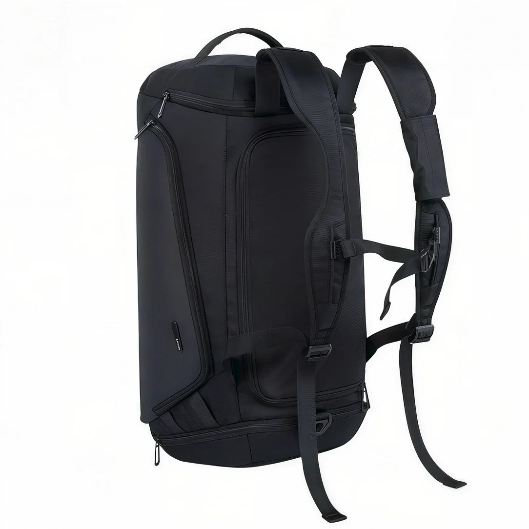 Sac de sport sac à dos noir avec bretelles rembourrées et multiples compartiments en tissu durable