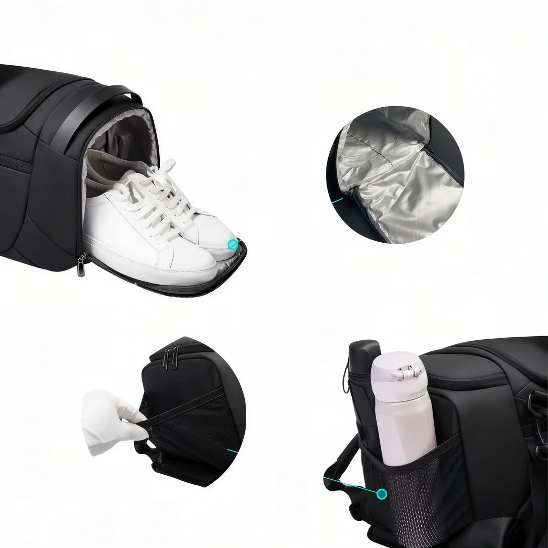 Sac de sport noir étanche avec compartiment chaussures et porte-bouteille