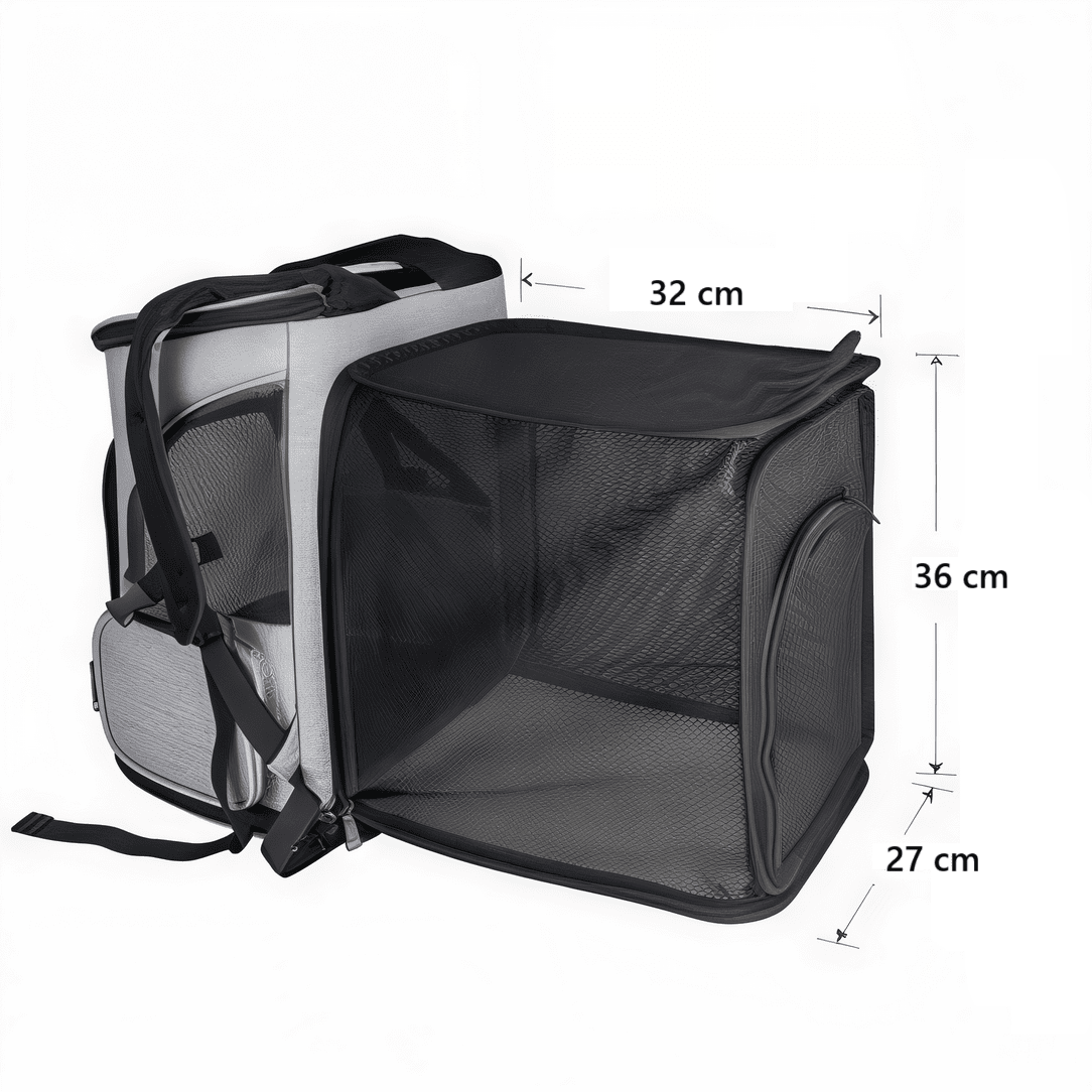 Sac de transport extensible pour chat avec sac à dos gris et compartiment noir en maille